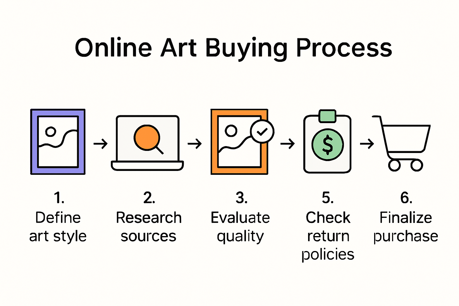Infographic outlining online art buying steps and tips