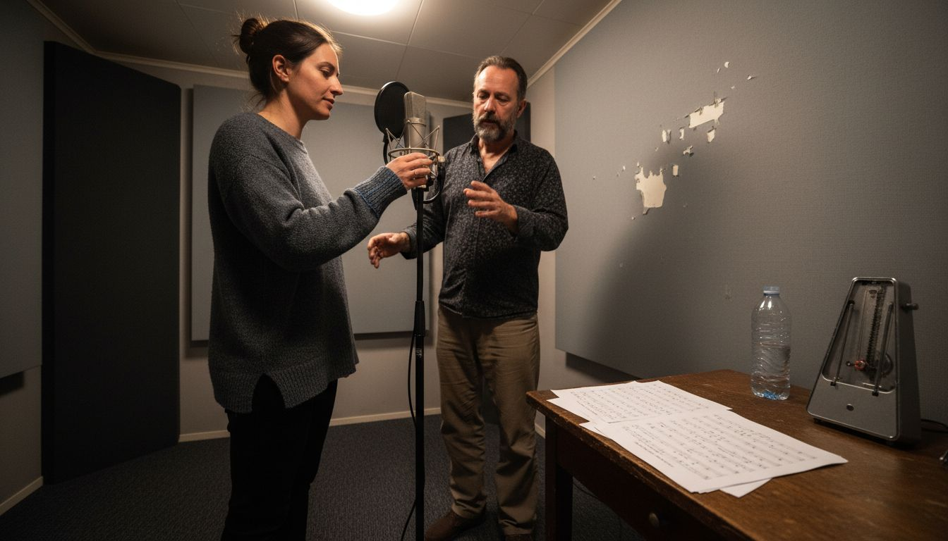Séances de coaching vocal en studio, accompagnées d’un coach professionnel et d’un travail au micro.