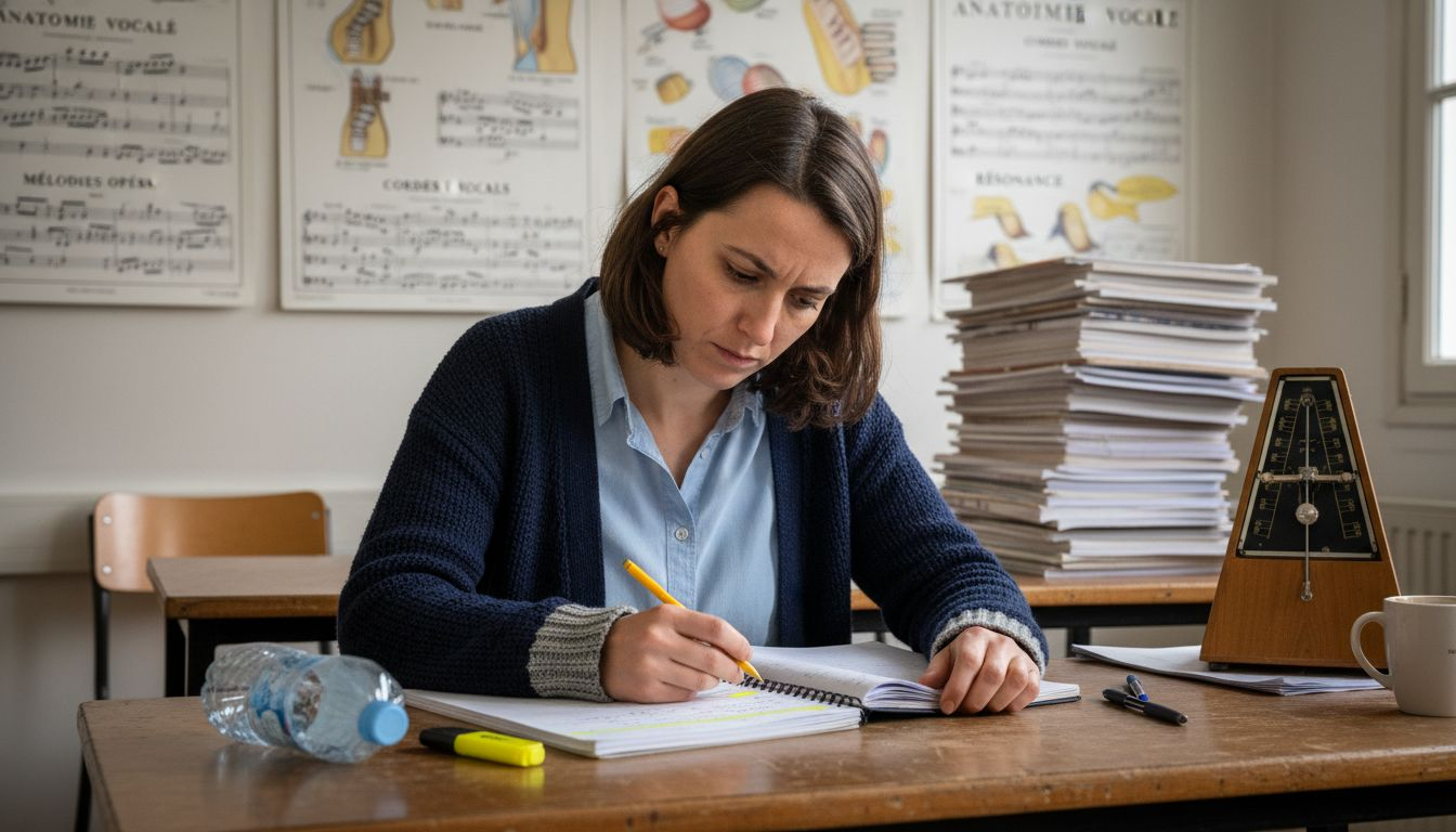 Une femme suit un cours de coaching vocal en salle de classe.