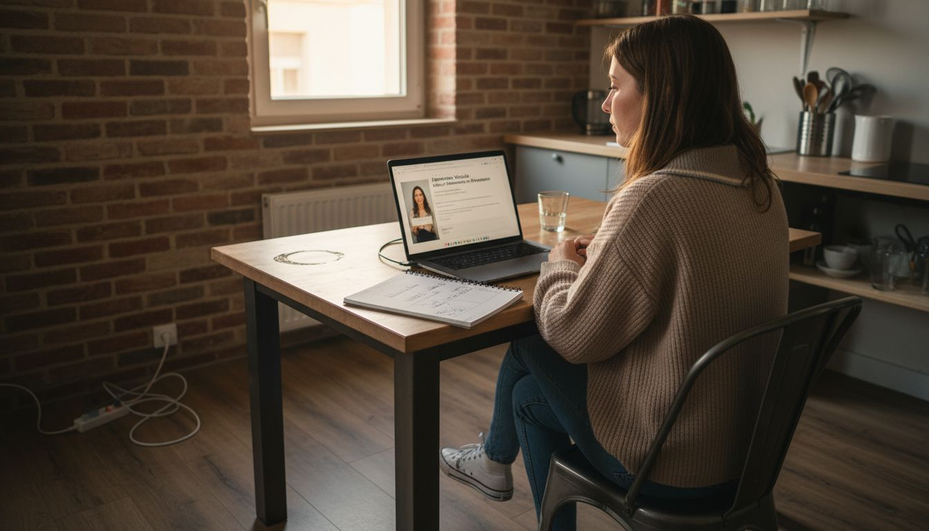 Un élève assis devant son ordinateur, en train de suivre un cours de chant en ligne avec son coach.