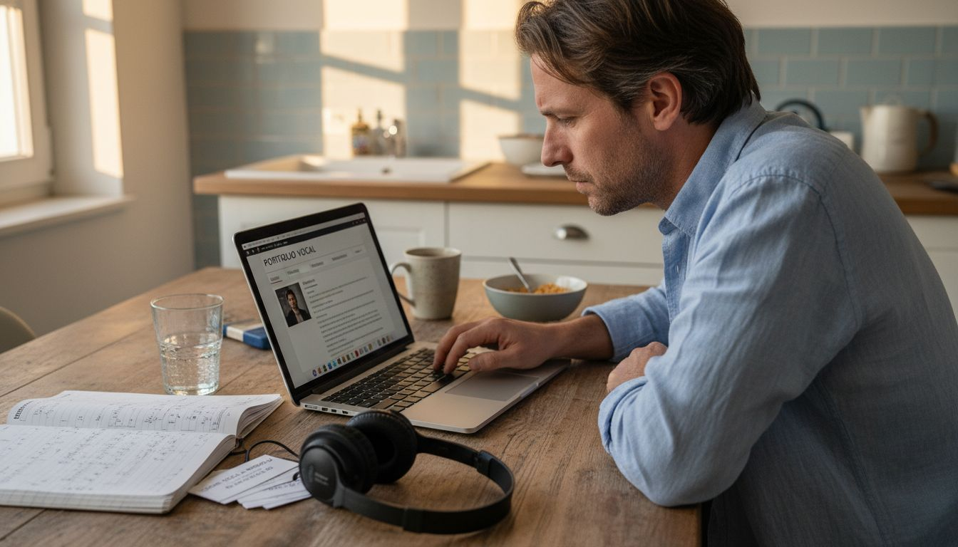 Coach vocal en train de mettre à jour son book en ligne depuis chez lui.