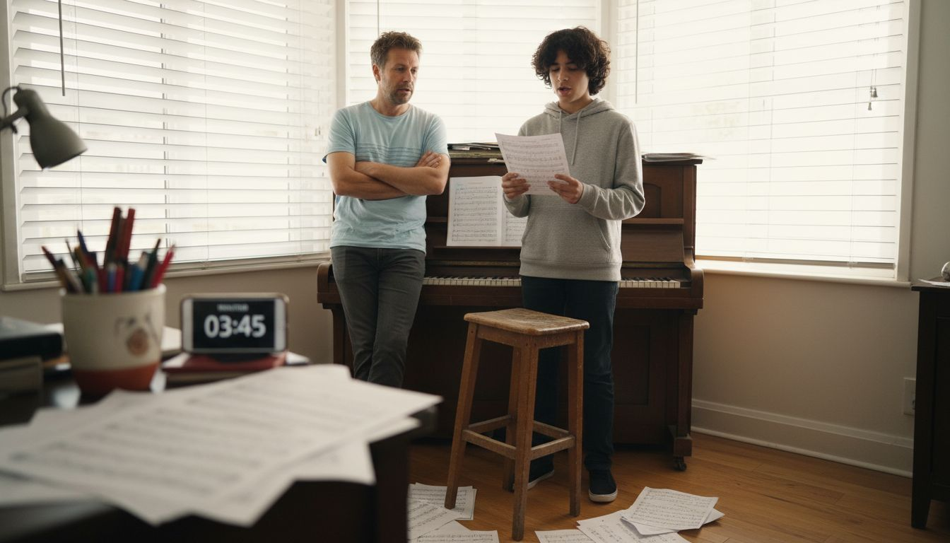 Un coach attentif suit l'élève pendant sa séance de chant.