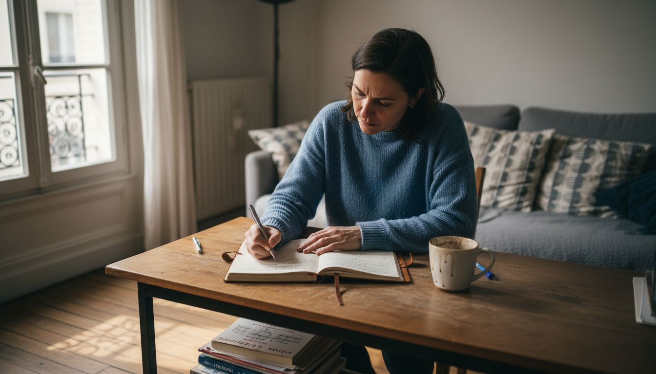 Un coach prend le temps de noter ses réflexions éthiques dans son carnet, afin d’affiner sa pratique et de rester fidèle à ses valeurs professionnelles.