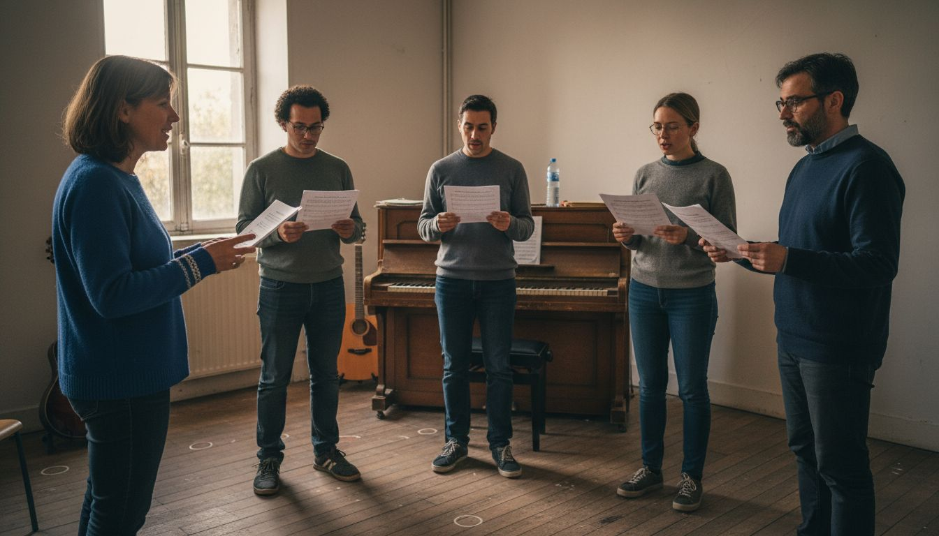 Atelier de coaching vocal en petit groupe, dans une salle de répétition conviviale.