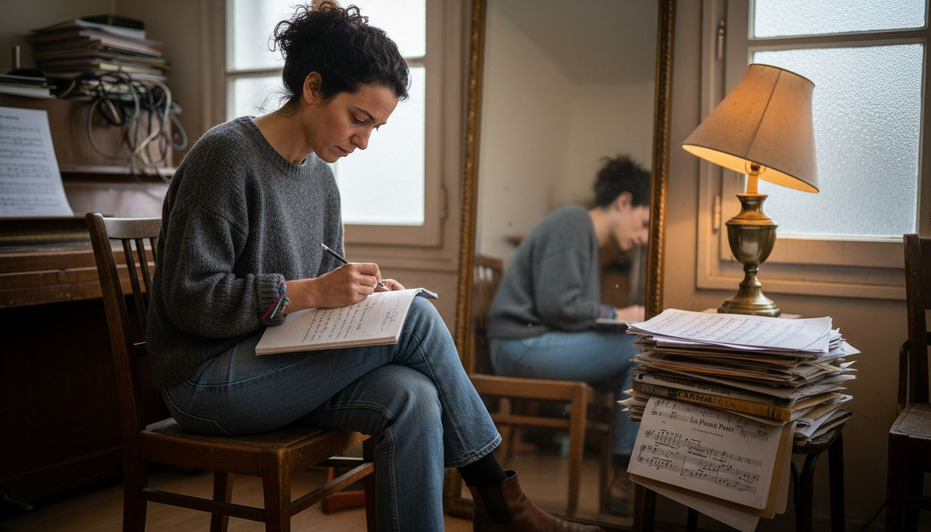 Le coach vocal prend des notes pendant la répétition en salle.