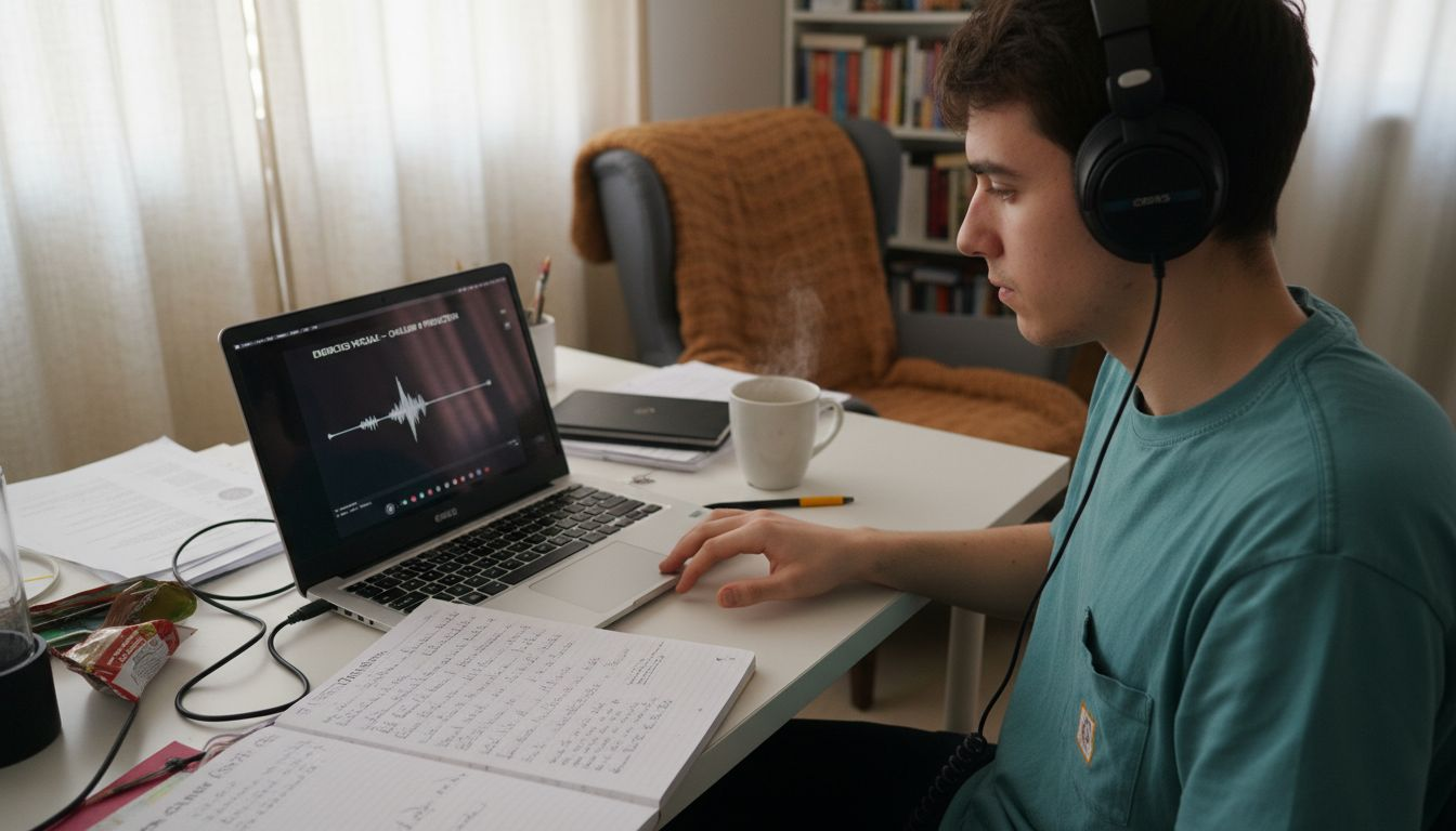 Un apprenant en chant suit un programme de formation en ligne sur son ordinateur.