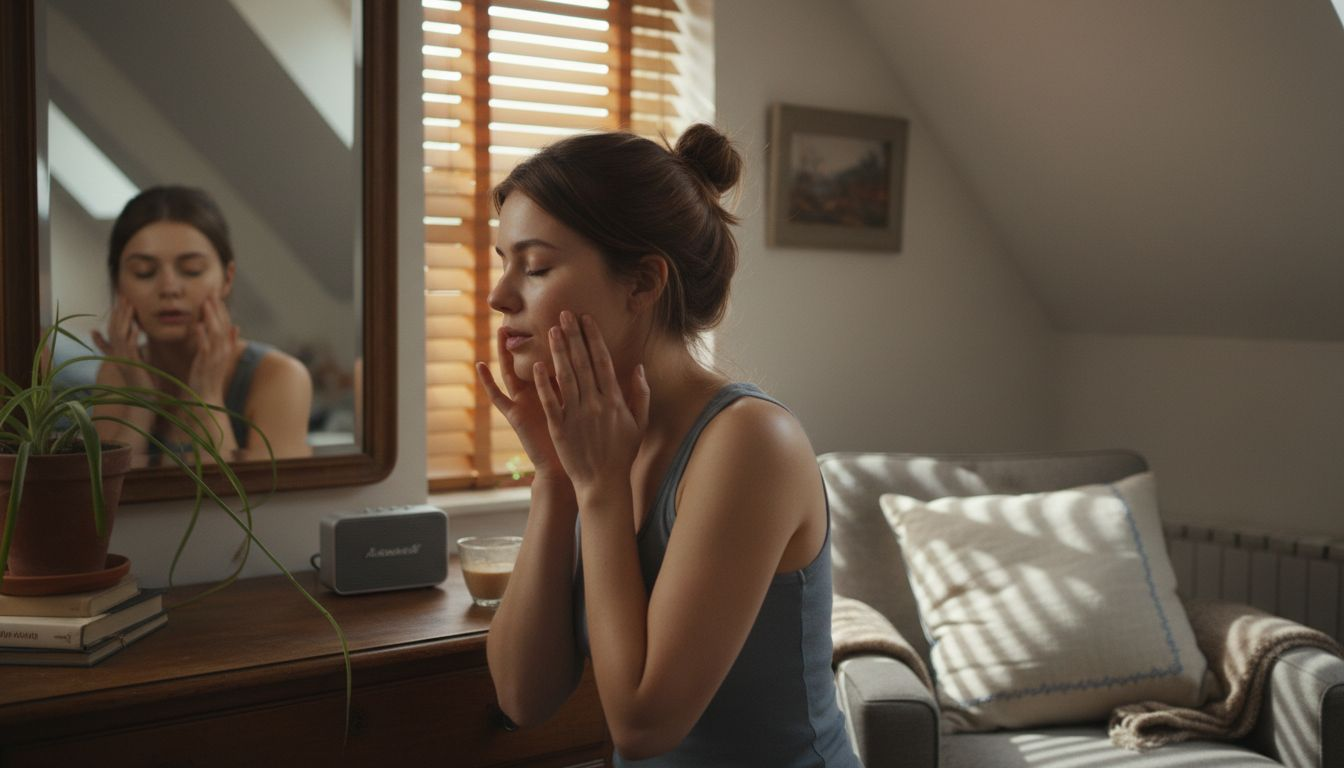Une femme s’exerce au humming face à son miroir.