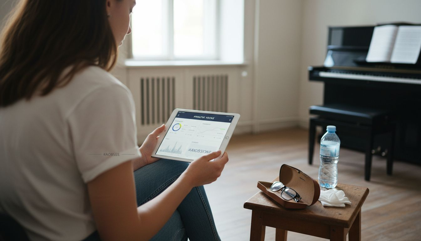 Une femme étudie des enregistrements vocaux sur une tablette dans un studio.