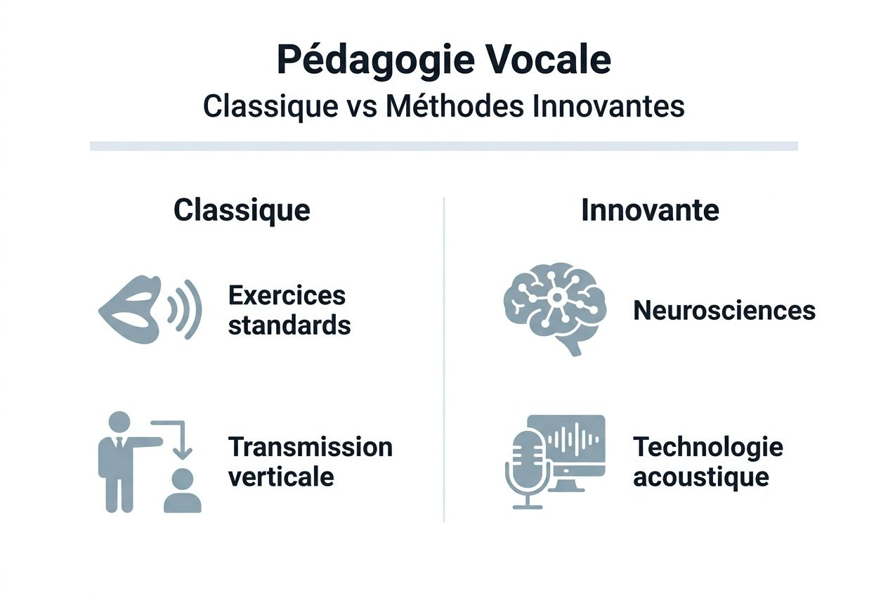 Découvrez une infographie mettant en lumière les approches traditionnelles et les nouvelles tendances en pédagogie vocale.