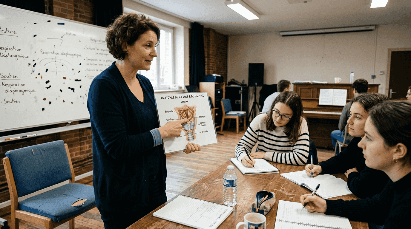 Un professeur de chant explique le fonctionnement de la voix à ses élèves en s’appuyant sur un schéma anatomique.