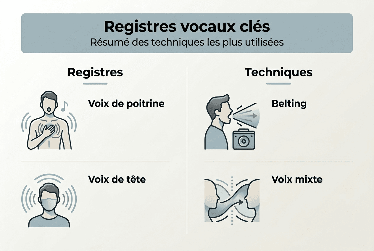 Visuel explicatif sur les différents registres vocaux et leurs techniques