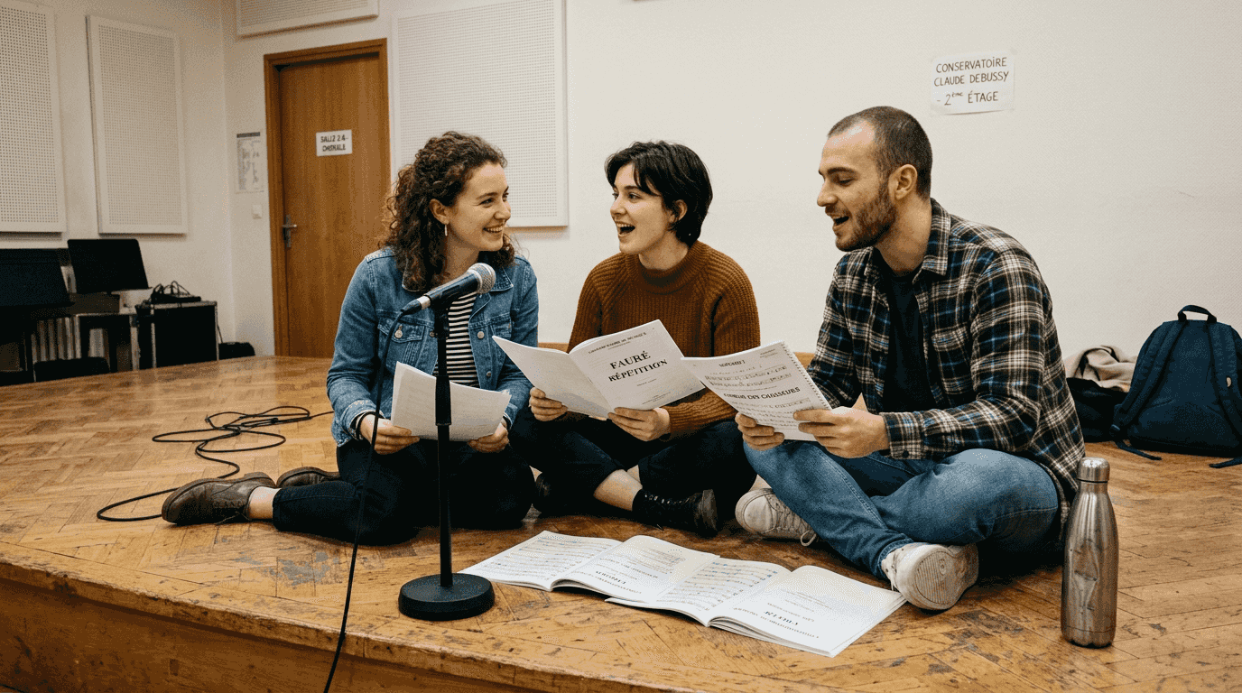 Des élèves en pleine répétition, en train de chanter ensemble.