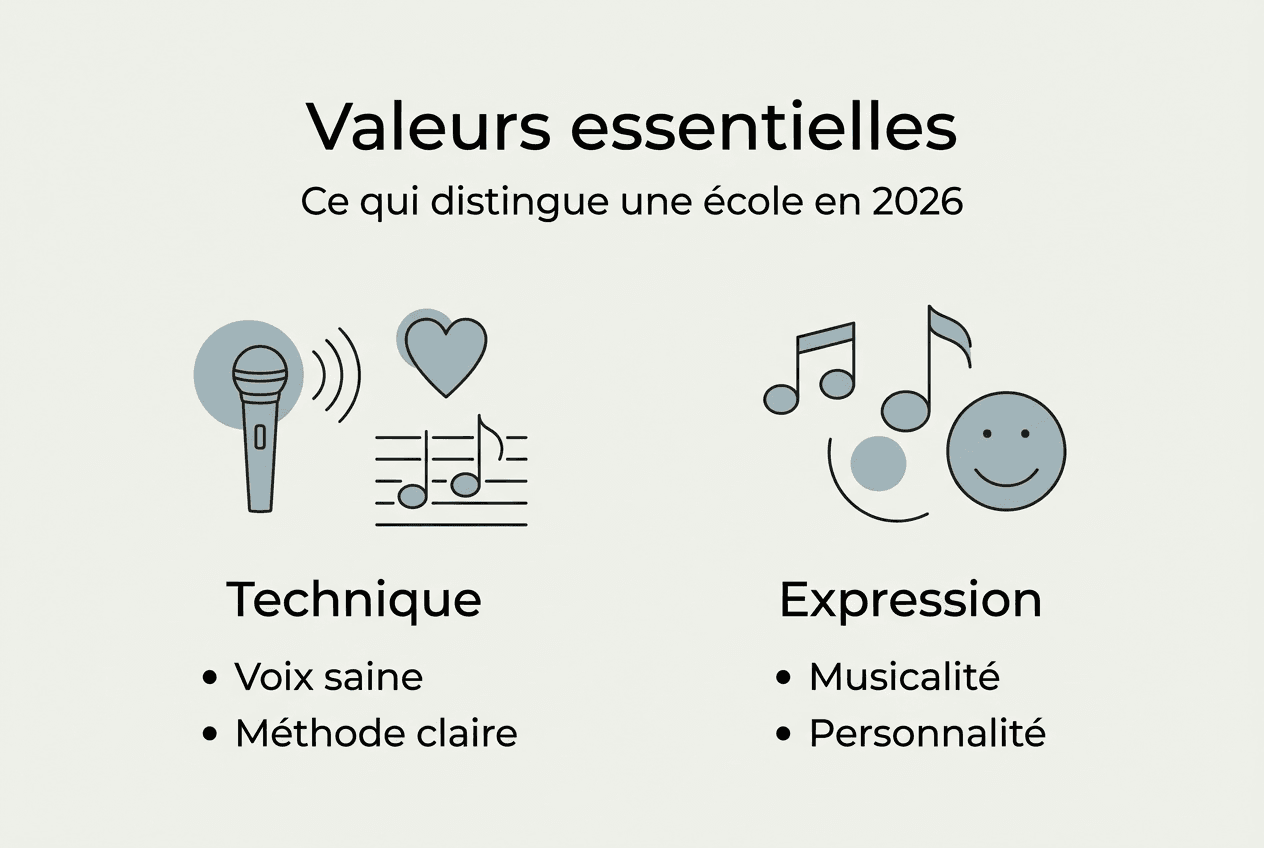 Présentation visuelle des valeurs clés de notre école de chant