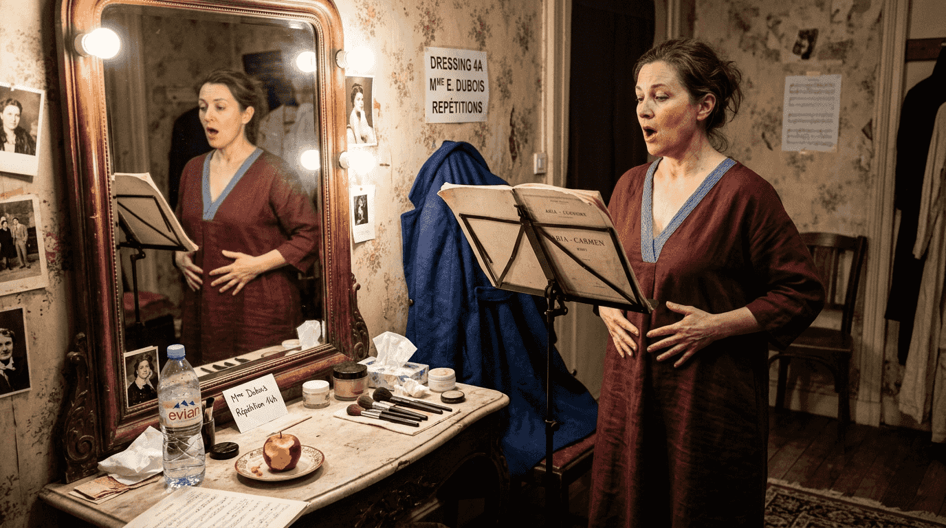 Une cantatrice répète ses vocalises classiques dans les coulisses avant de monter sur scène.