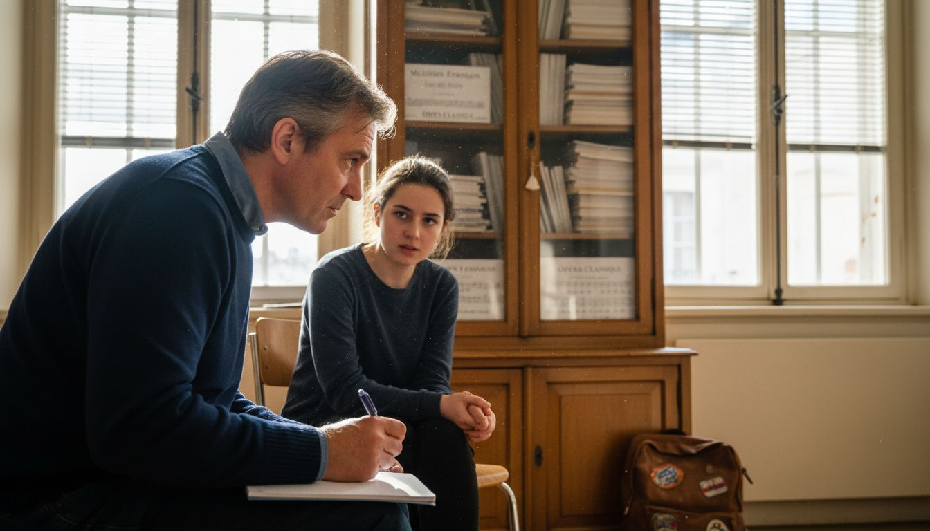 Un professeur de chant à l’écoute guide son élève lors d’un cours en studio.
