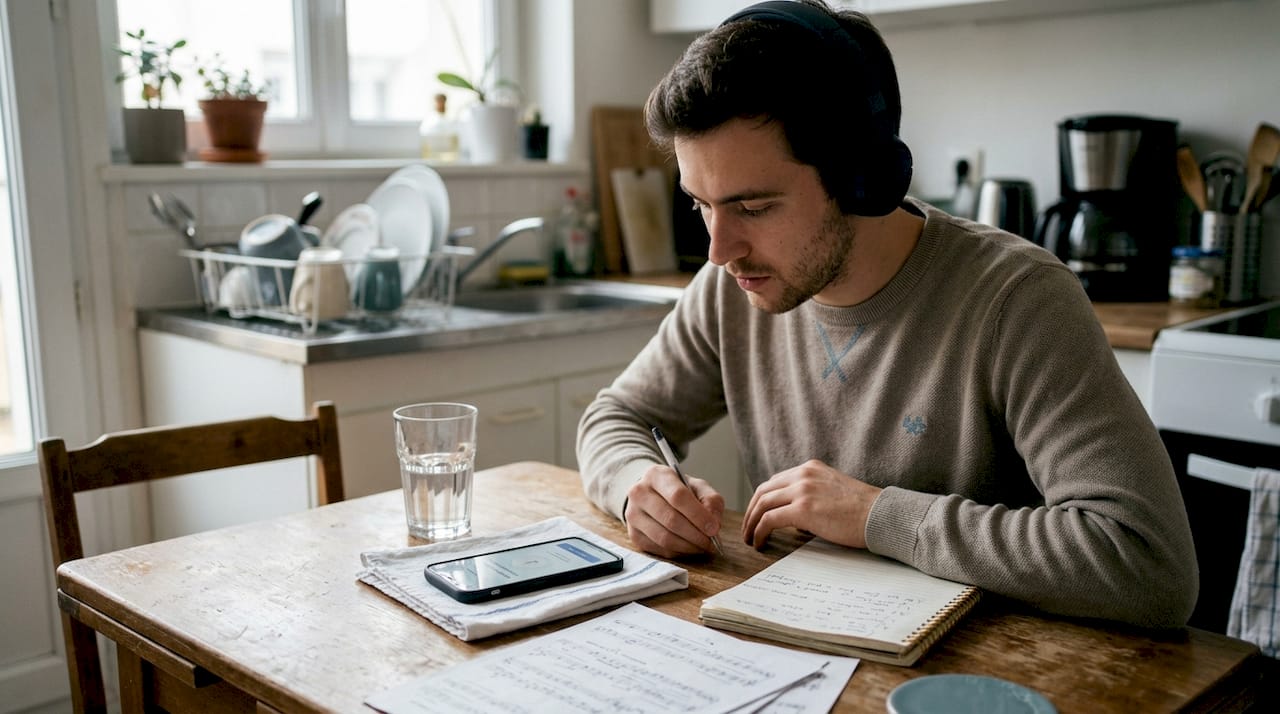 Un étudiant en chant s’entraîne grâce à des exercices vocaux en ligne.
