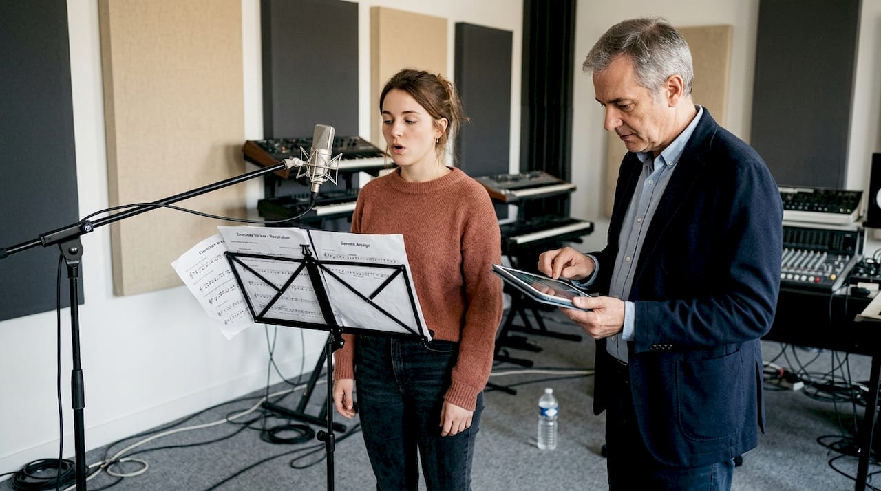 Un coach vocal accompagne son élève lors d’une séance en studio.