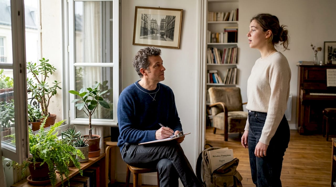 Un professeur de chant observe la posture et la respiration de son élève pour l’aider à améliorer sa technique vocale.