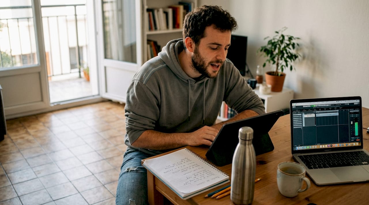 Un homme enregistre sa technique de chant chez lui