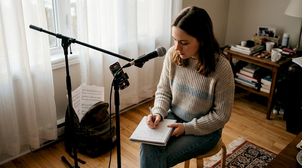 Un élève s’exerce au chant et enregistre sa voix dans le salon.