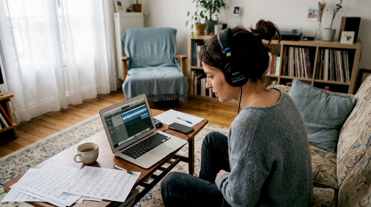 Une chanteuse réalise une auto-évaluation chez elle, directement sur son ordinateur.