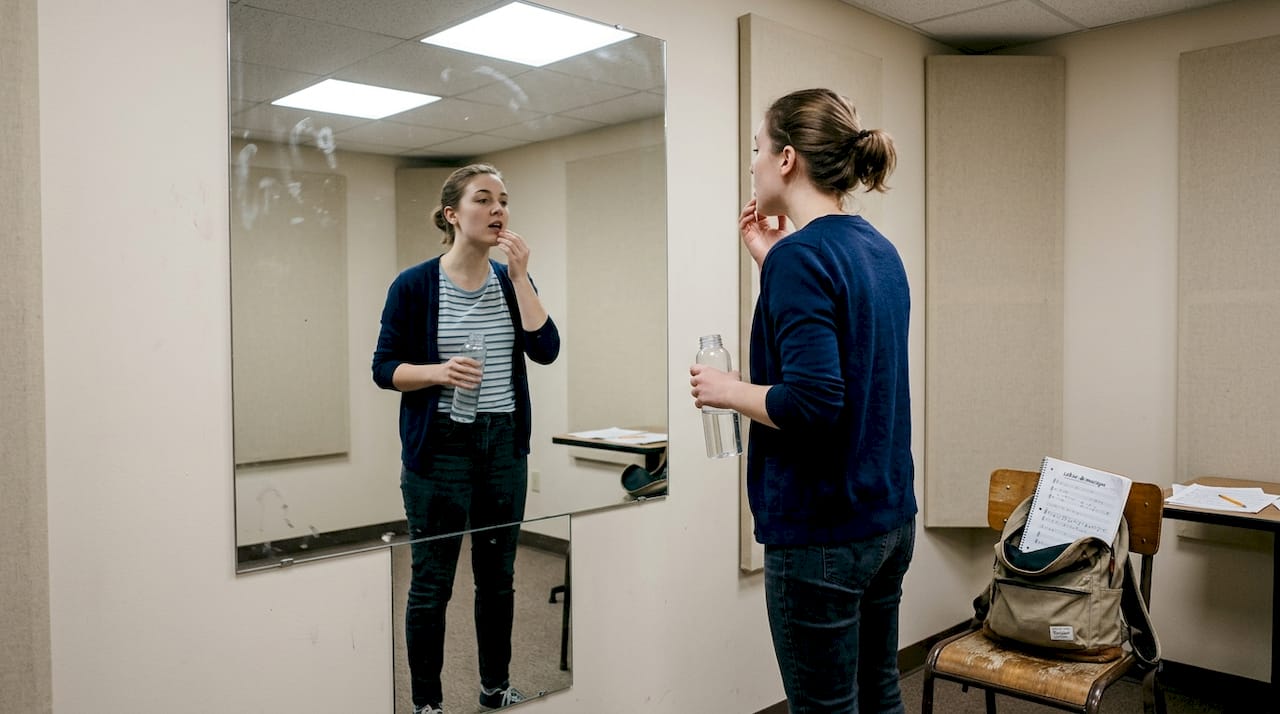 Un élève en chant s’entraîne en faisant ses exercices vocaux devant un miroir.