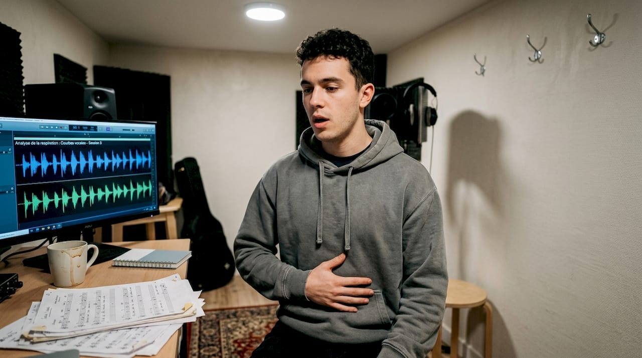Le chanteur s’entraîne à respirer avec le diaphragme.
