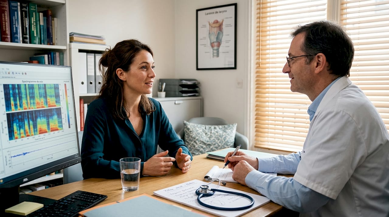 Une femme consulte un phoniatre pour faire un point sur sa voix.