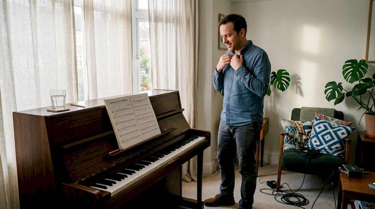 Un homme s'entraîne à la pratique vocale dans le confort de son domicile.