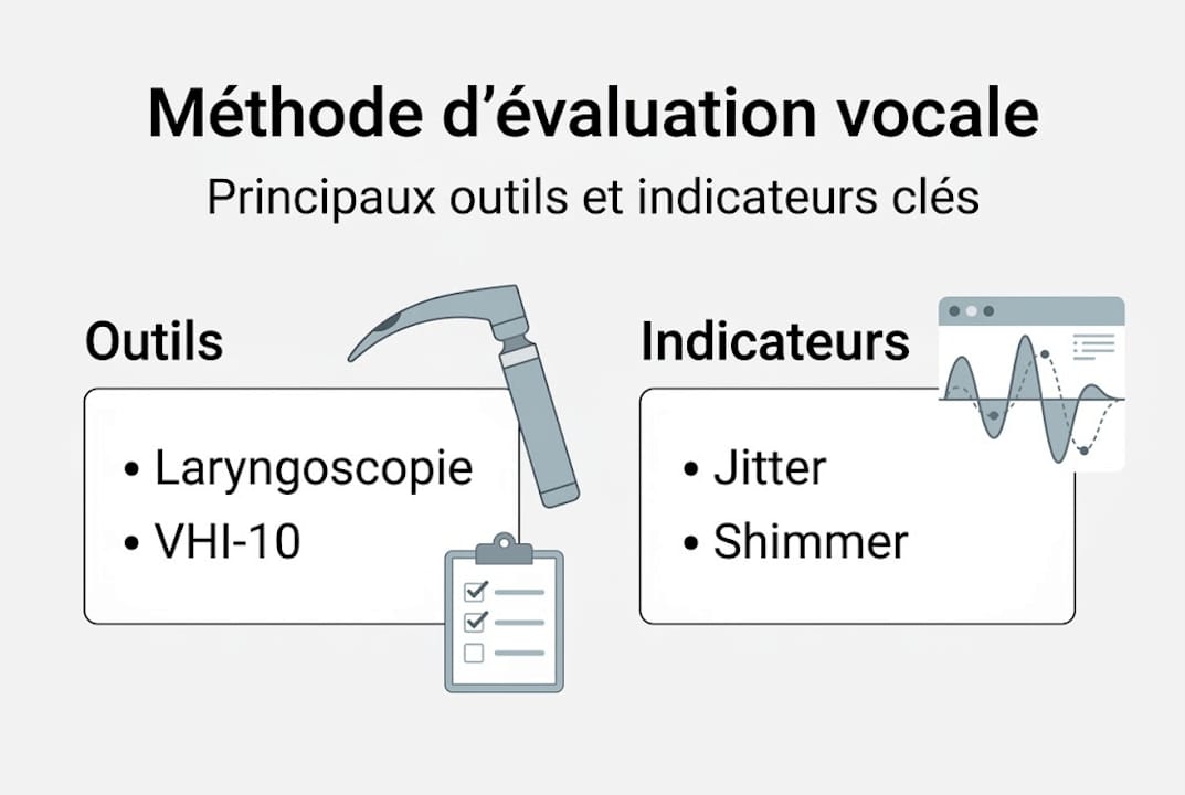 Visuel récapitulatif des différentes étapes et des outils indispensables pour réaliser un bilan vocal