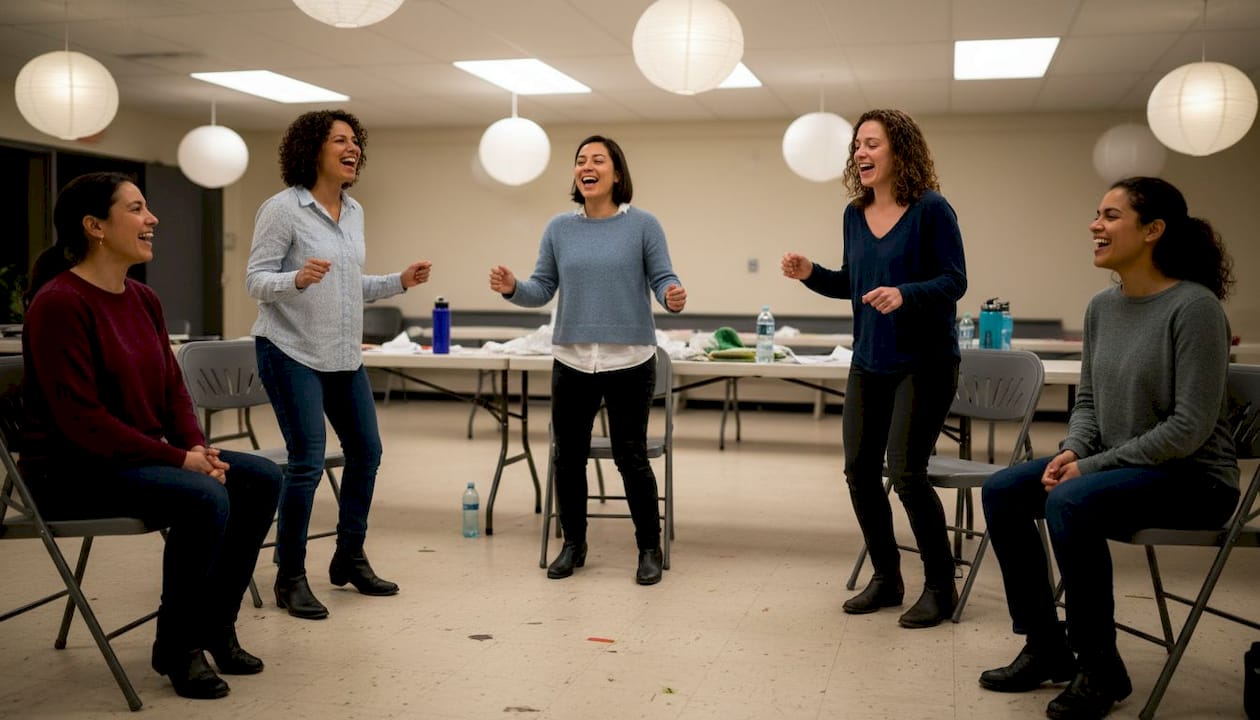 Un groupe participe à des ateliers vocaux interactifs et dynamiques.