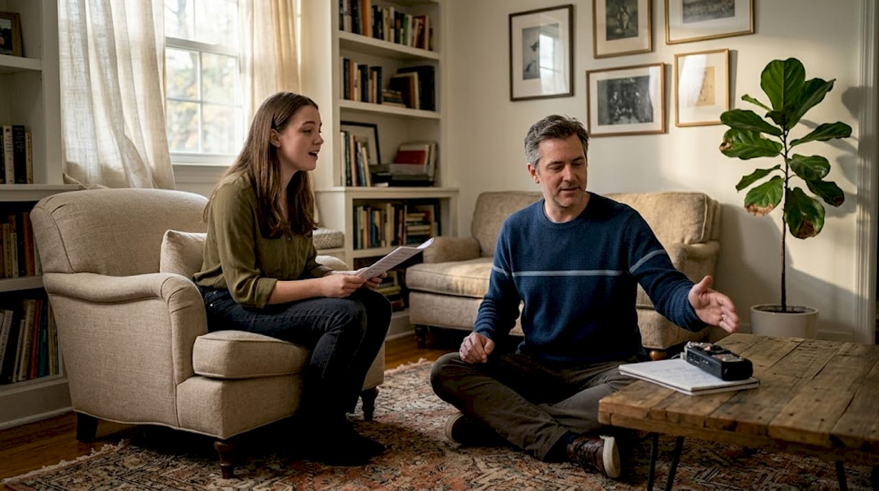 Un coach accompagne un élève pas à pas lors d’un exercice de chant, en lui donnant des conseils personnalisés pour qu’il progresse et prenne confiance en sa voix.