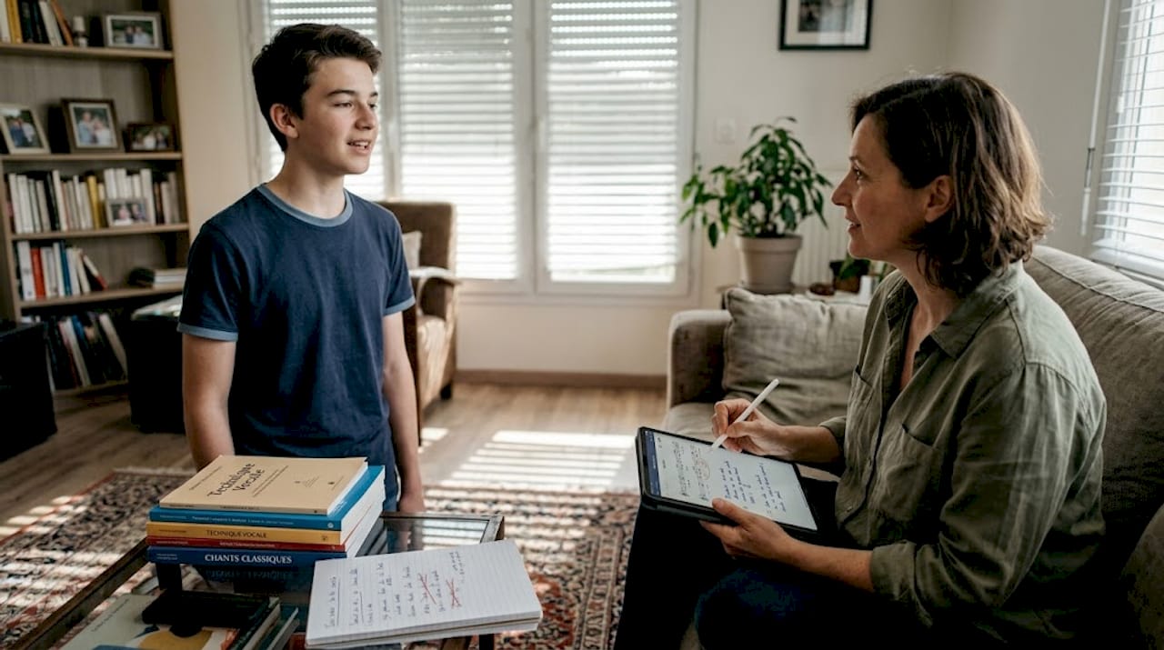 Le coach assiste à la première évaluation vocale de l’élève.