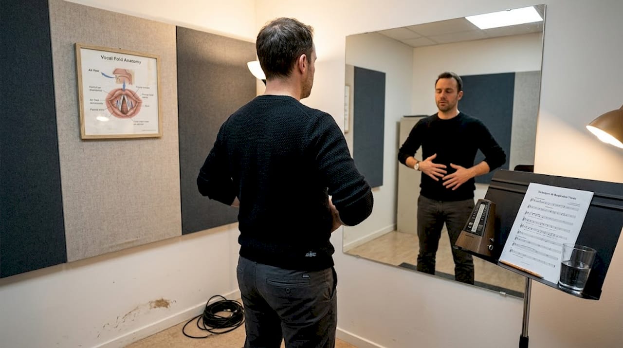 Un professeur de chant en pleine répétition dans une salle insonorisée.