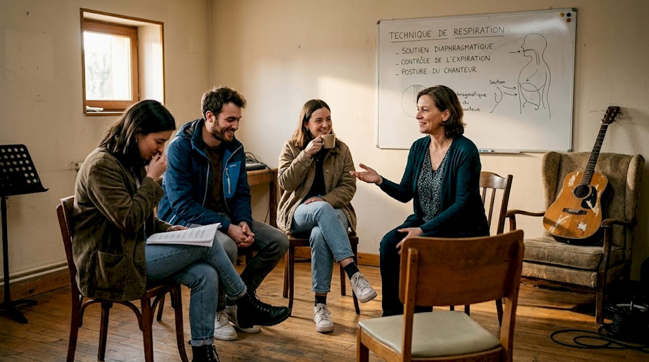 Un coach accompagne et encourage un groupe de chanteurs, les aidant à progresser et à révéler leur potentiel.