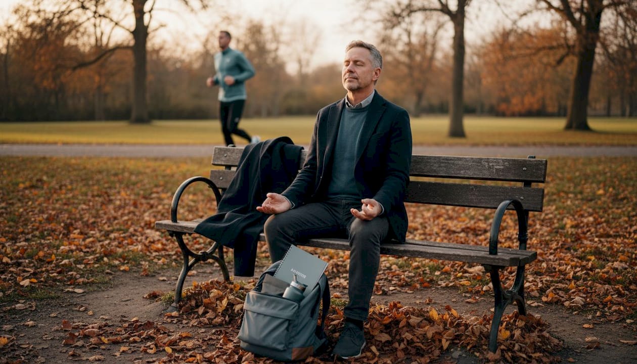 Un coach vocal assis paisiblement sur un banc, plongé dans la méditation.