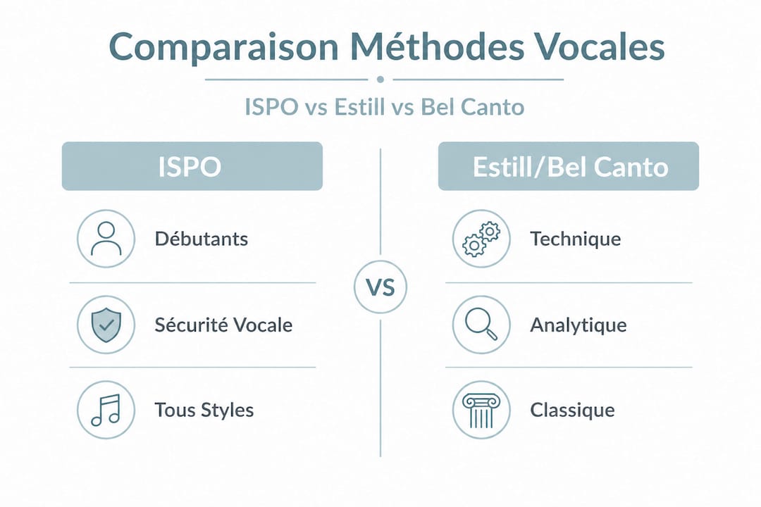 Infographie mettant en parallèle les méthodes ISPO, Estill et Bel Canto pour mieux comprendre leurs différences et points communs.