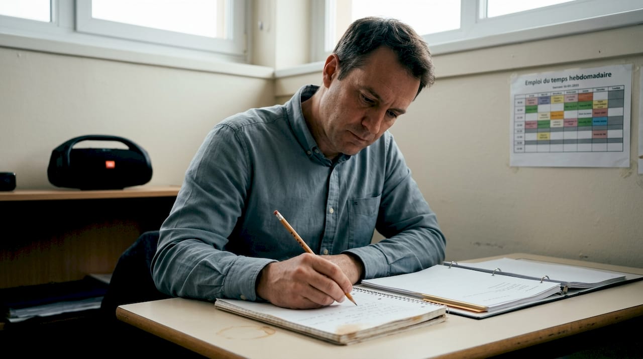 L’enseignant prend des notes sur l’évolution vocale de ses élèves.