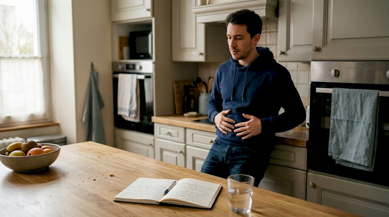 Un homme pratique des exercices de respiration dans sa cuisine.