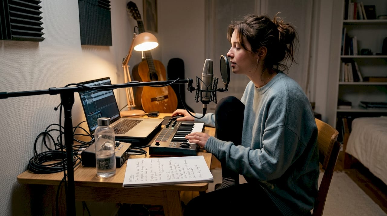 Un artiste en pleine séance d'enregistrement de voix dans son studio maison.