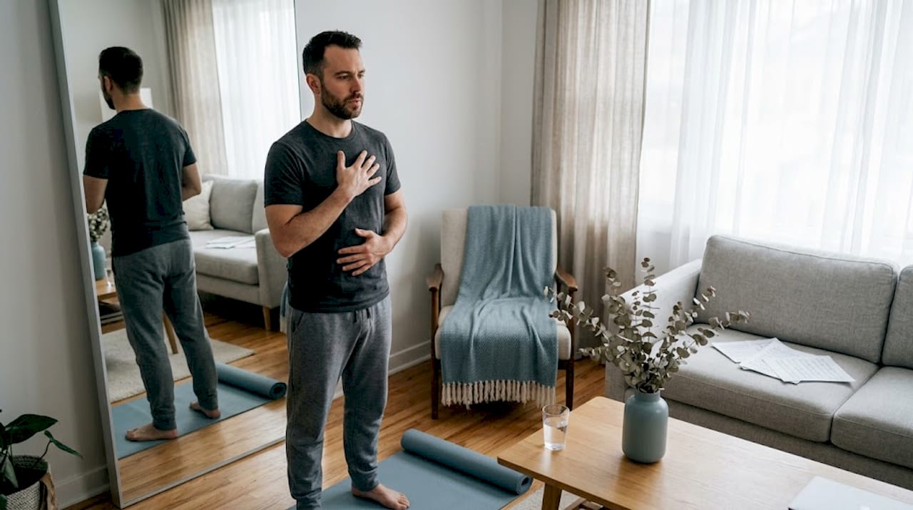 Une chanteuse s’exerce à la conscience corporelle devant un miroir.