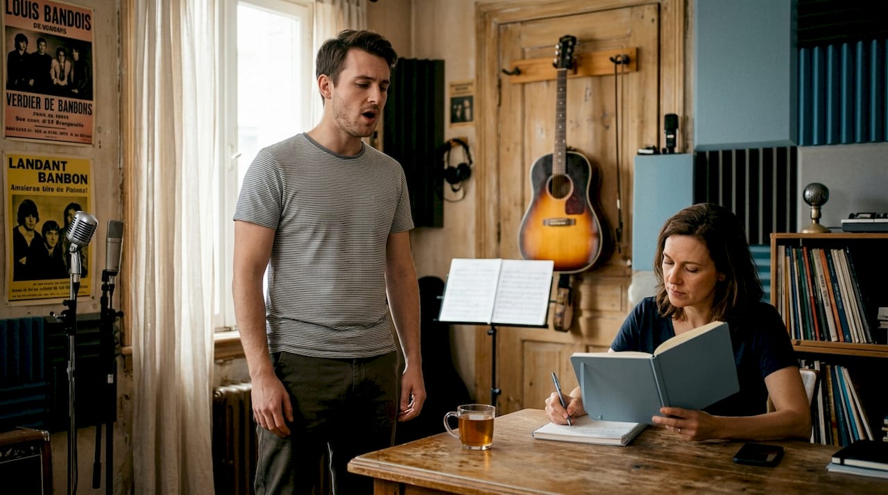 Un chanteur s’entraîne à la maison avec son coach vocal pour perfectionner sa voix.
