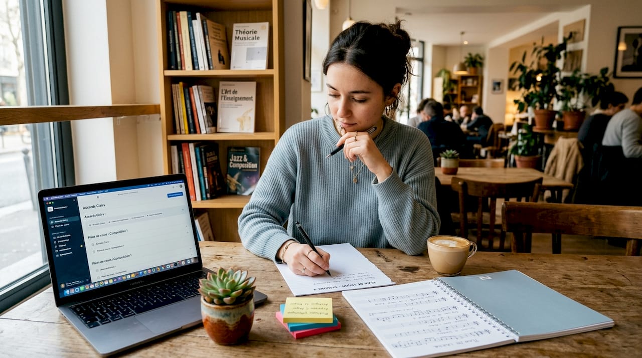 Un professeur de musique prépare son cours, installé près de la fenêtre.