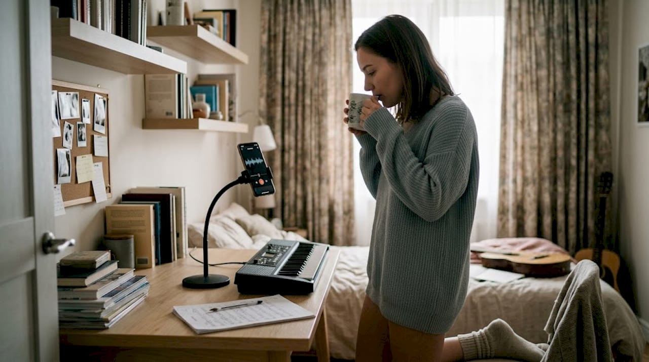 Une femme répète ses vocalises de soprano chez elle.