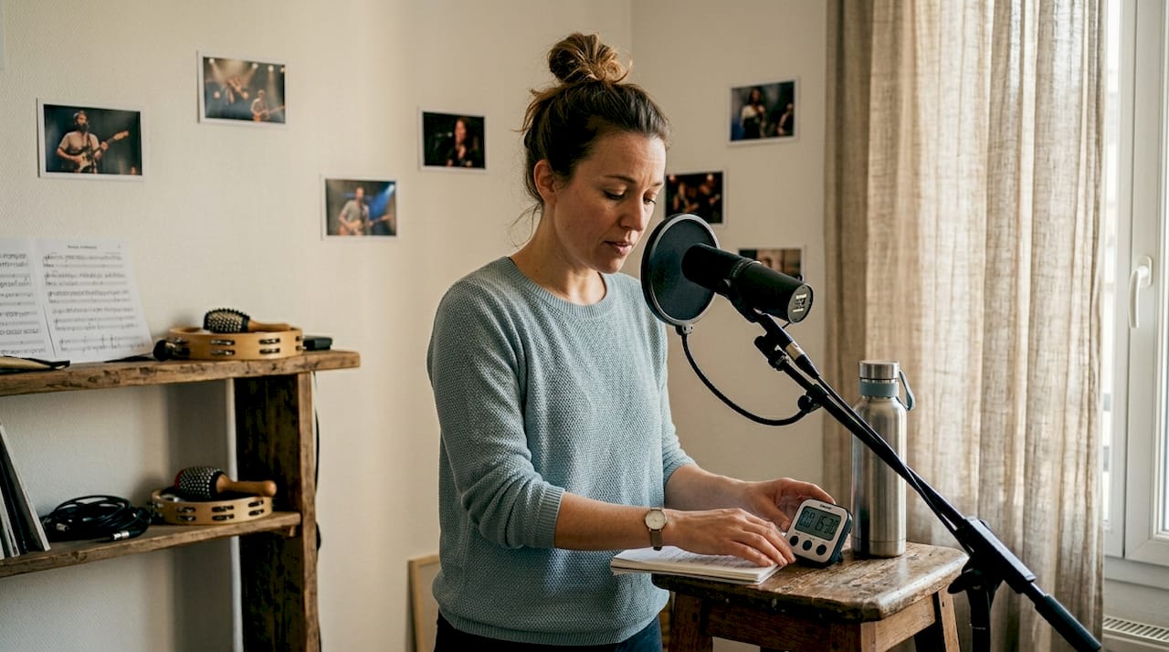 Une chanteuse s’échauffe la voix en répétant ses gammes dans un studio d’enregistrement.