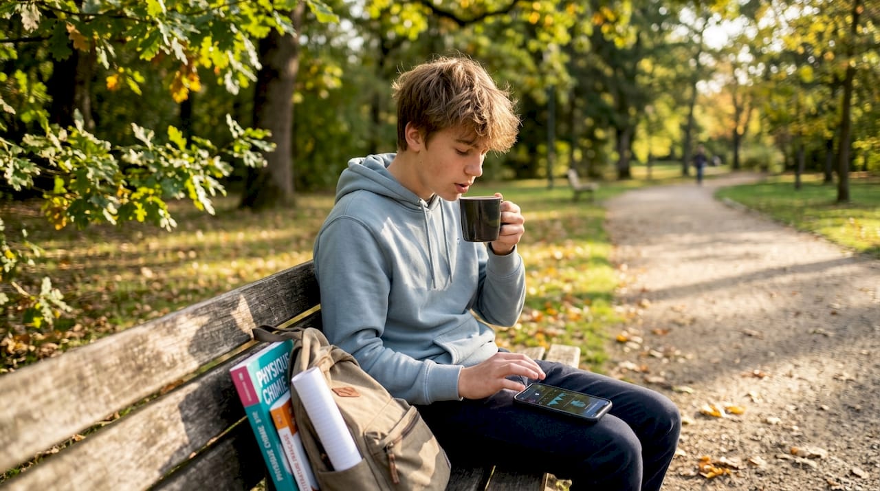 Un adolescent répète ses exercices de voix, installé devant le plan de travail de la cuisine.