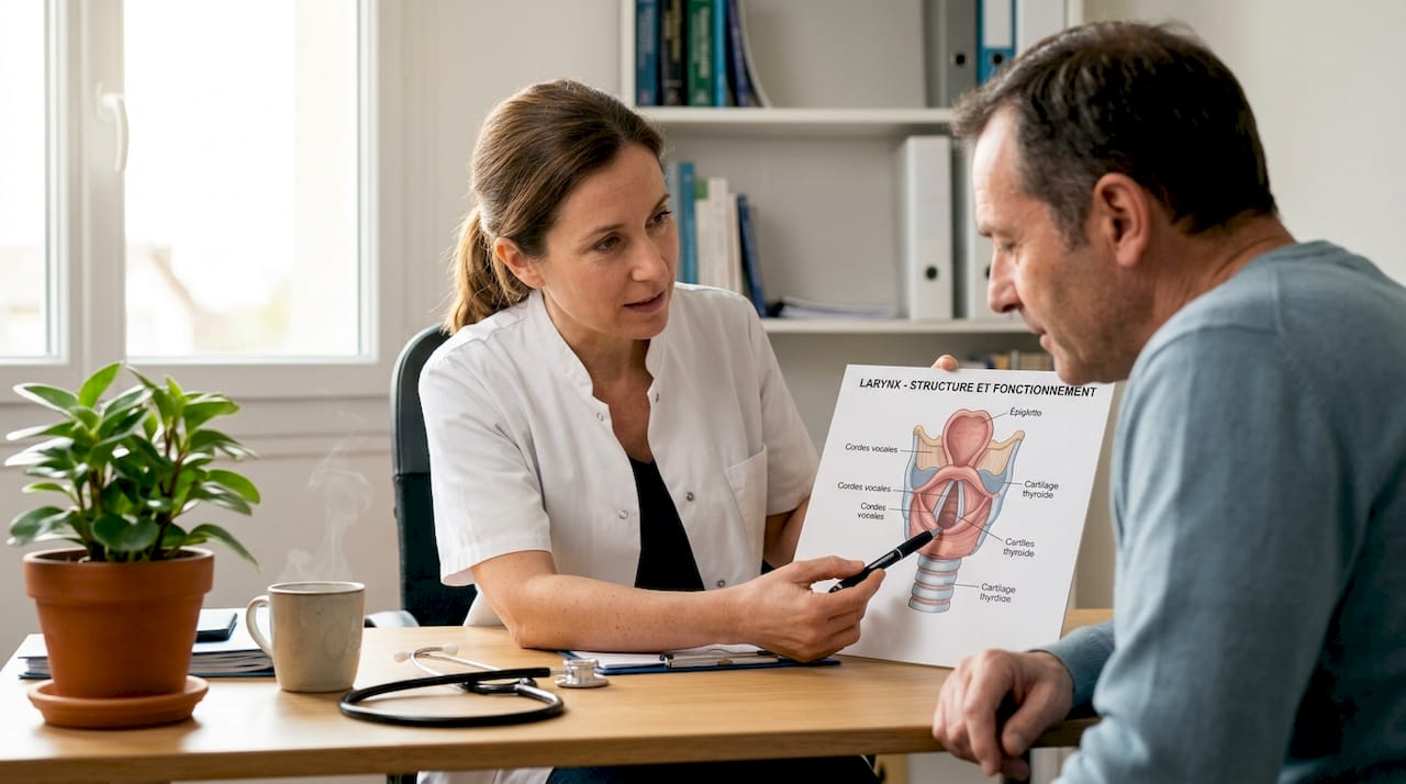 Le médecin prend le temps d’expliquer au patient comment fonctionnent les cordes vocales et leur rôle dans la production de la voix.