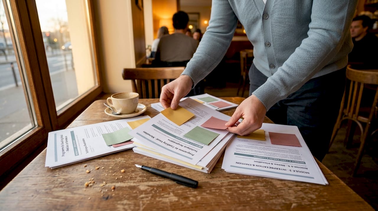 Des mains disposent et organisent les différents supports du programme de coaching sur la table.