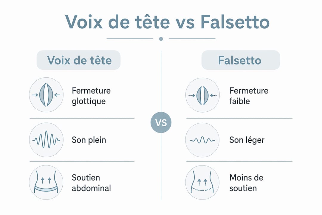 Infographie : différences entre voix de tête et falsetto, avec les principales caractéristiques à retenir