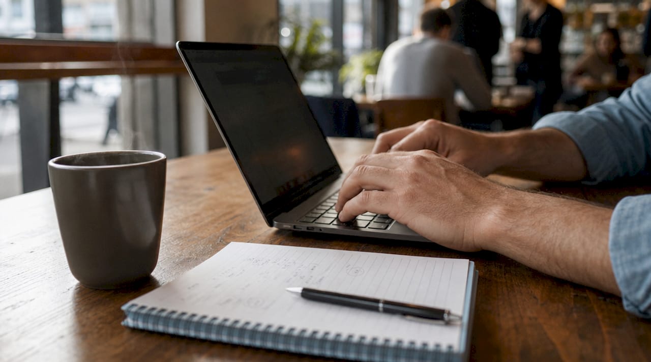 Recherche de nouveaux prospects sur son ordinateur, les doigts s'activent sur le clavier.